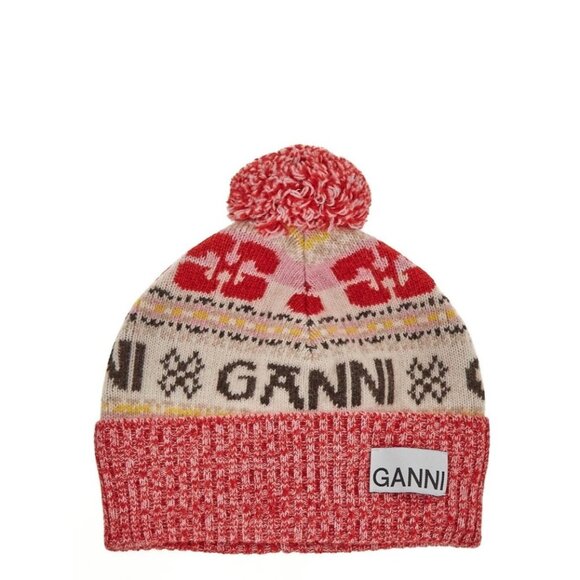 Ganni Women’s Graphic Wool Beanie Pompom Multicolor A4987 - Picture 1 of 10
